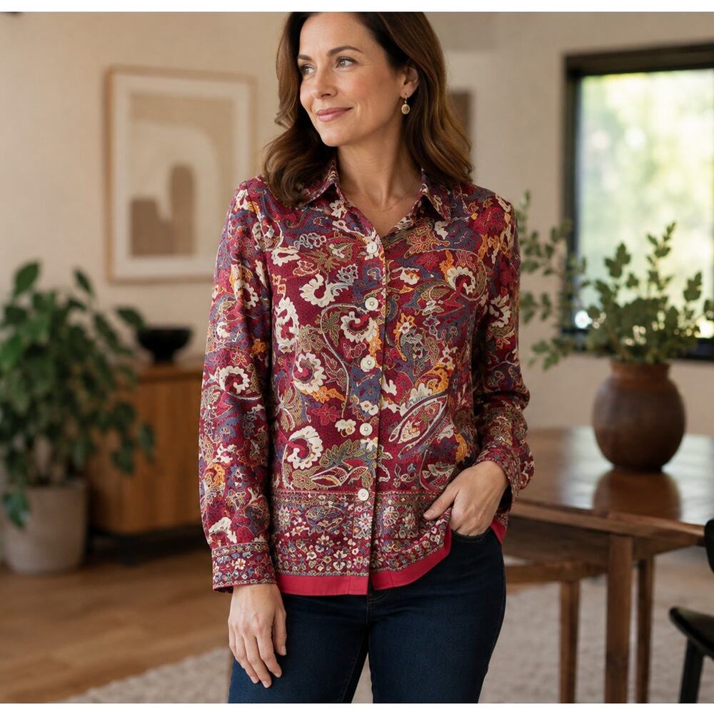 Coldwater Creek PXS Paisley Silk Cotton Blend Jacket Burgundy Multicolor
